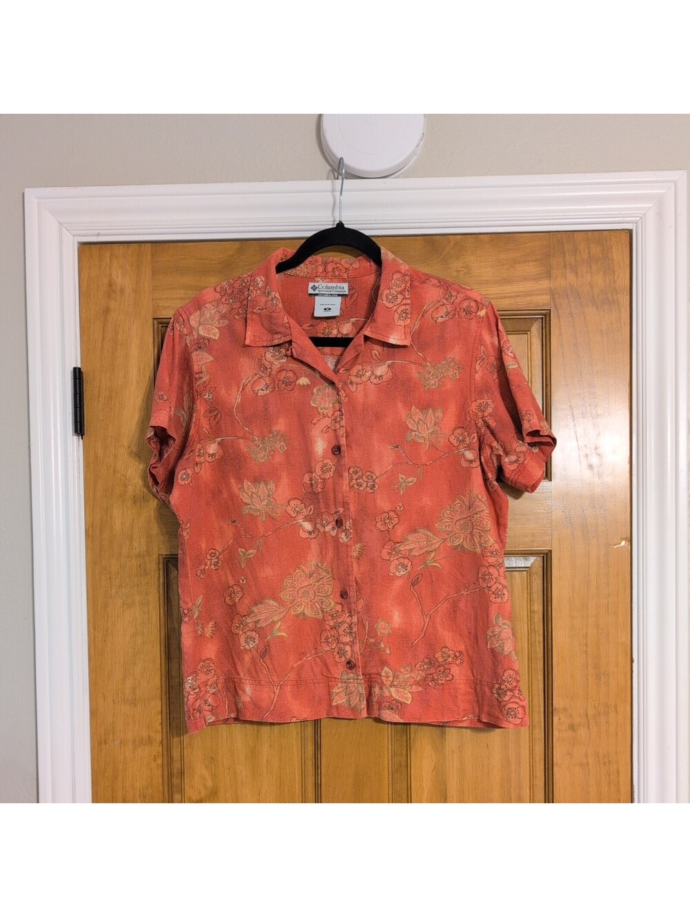VTG Columbia Shirt Women M orange Hawaiian Floral Button Down Sportswear tie dye